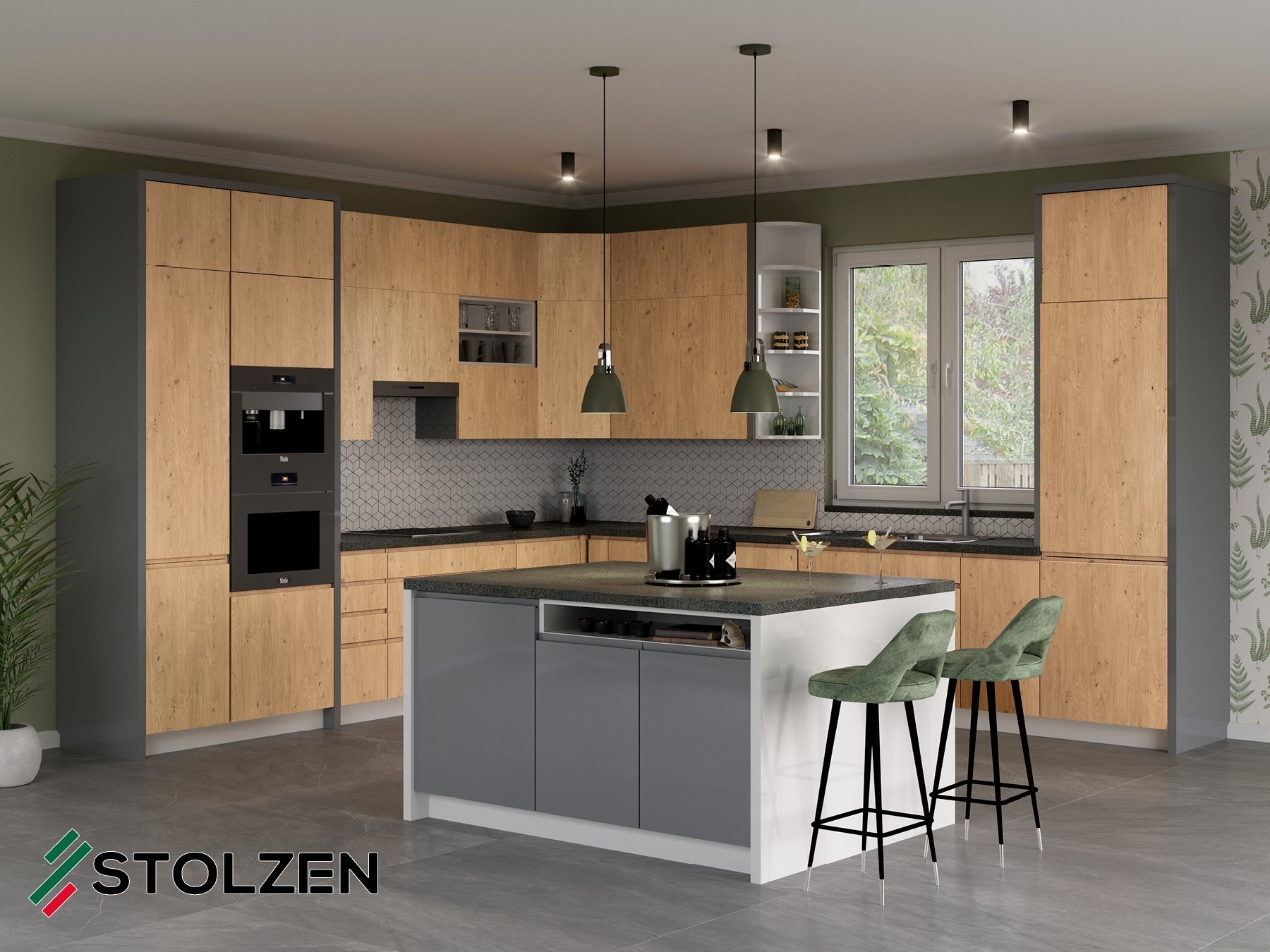 Nowoczesna kuchnia z drewnianymi frontami, szarymi elementami i wyspą kuchenną z zielonymi hokerami, oświetlona wiszącymi lampami.