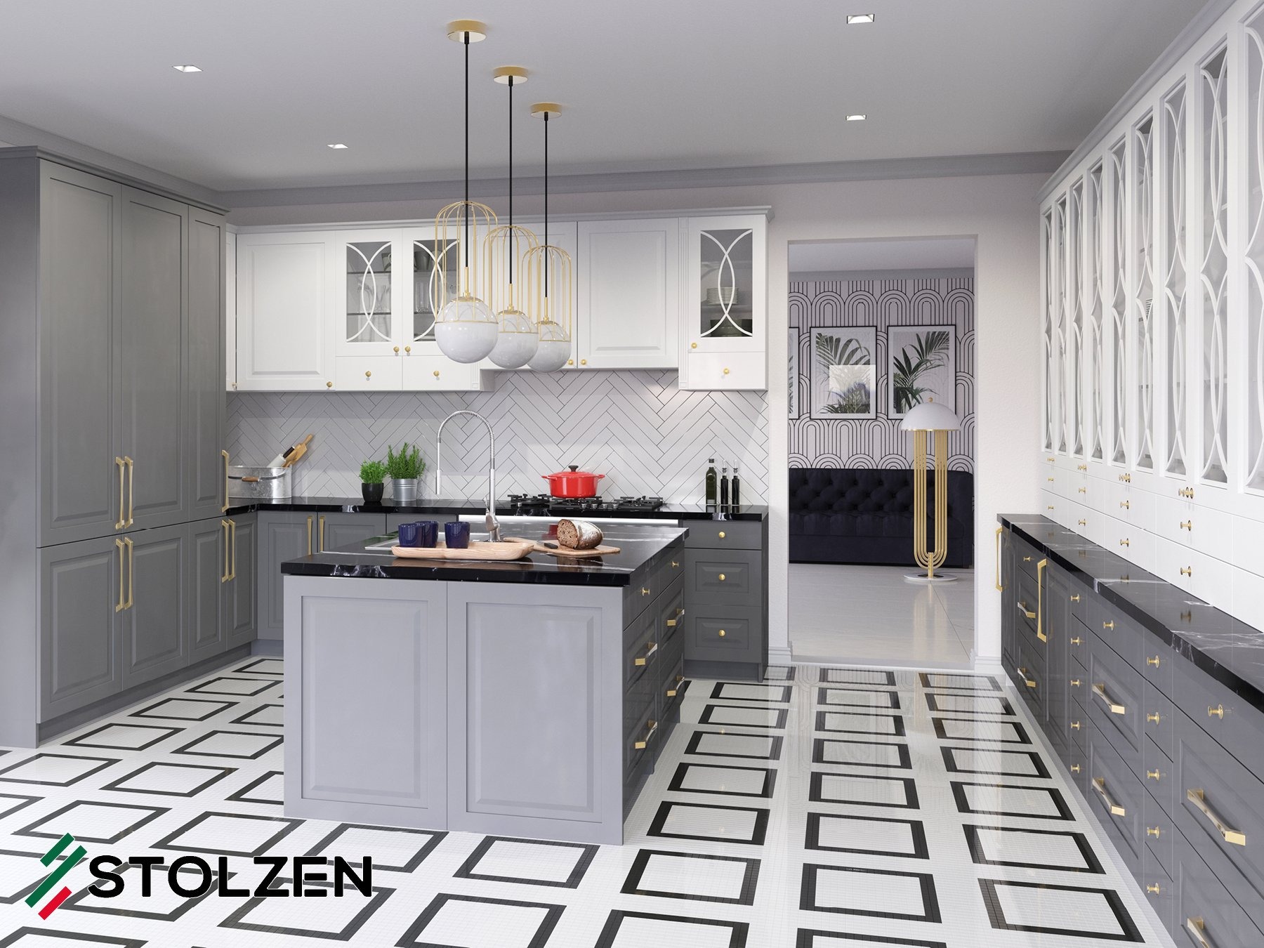 Elegancka, nowoczesna kuchnia z wyspą, szarymi szafkami z złotymi uchwytami, białymi szafkami wiszącymi z dekoracyjnymi przeszkleniami, czarnym blatem i wzorzystą podłogą. W tle salon z tapetą...