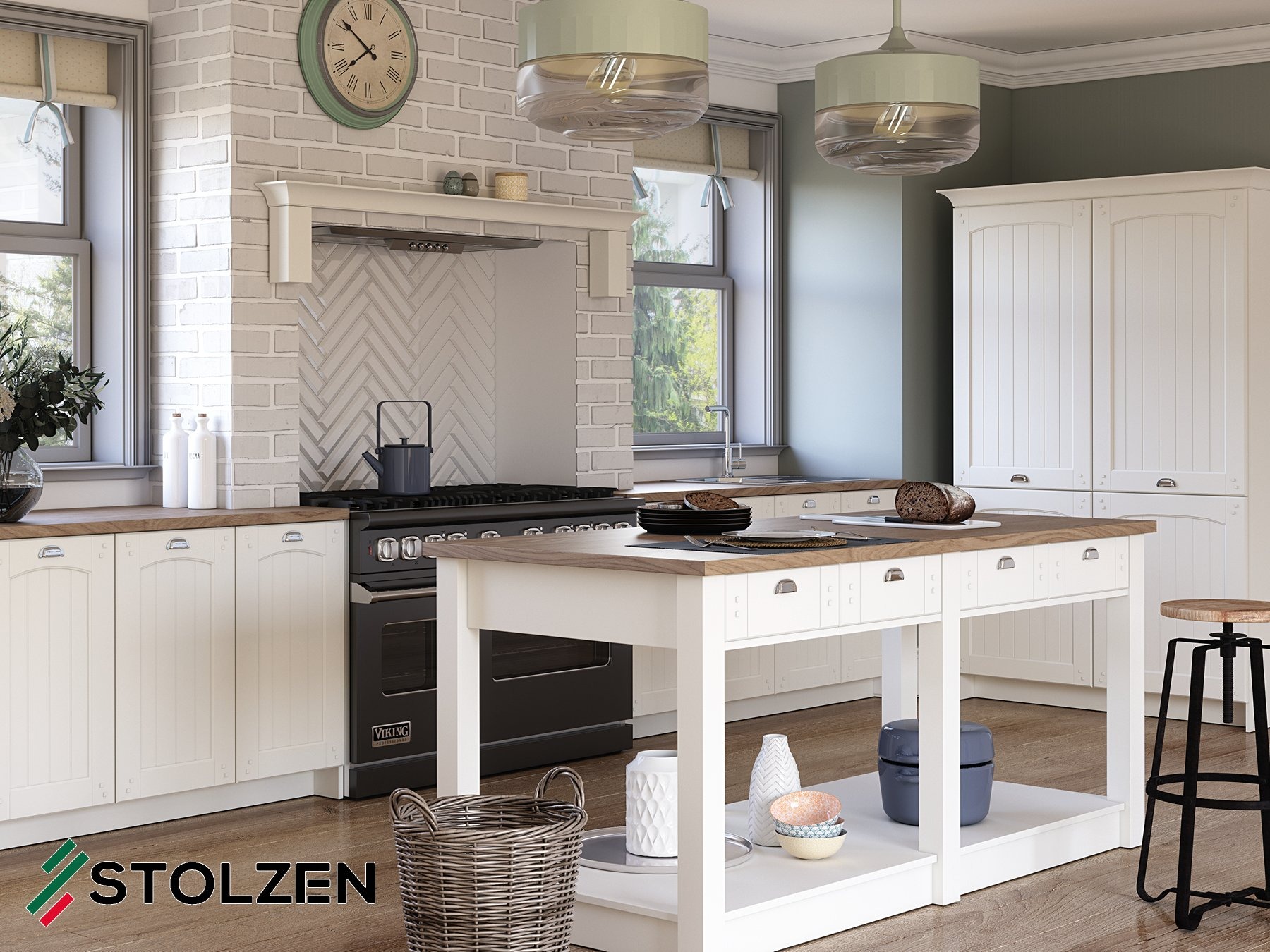 Jasna kuchnia w stylu rustykalnym z wyspą, białymi frontami szafek z frezowanymi detalami, czarnym piekarnikiem Viking i ceglaną ścianą nad blatem.
