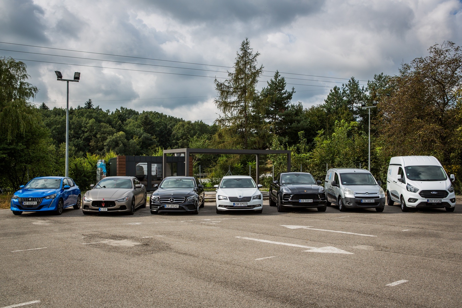 Rząd zaparkowanych pojazdów różnego typu, od osobowych po dostawcze, na parkingu z zielonym tłem drzew i pochmurnym niebem.