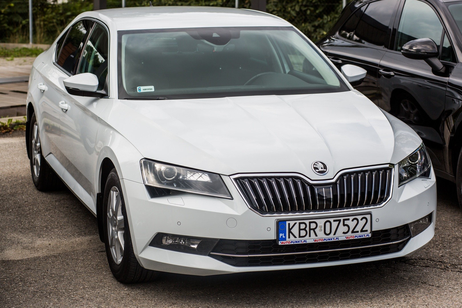 Biała Skoda Superb z polską tablicą rejestracyjną KBR 07522, zaparkowana obok czarnego samochodu.
