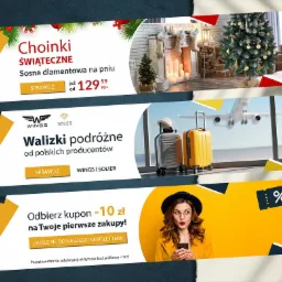 Zestaw trzech banerów reklamowych: świąteczne choinki, walizki podróżne polskich producentów oraz kupon rabatowy na pierwsze zakupy, w spójnej kolorystyce żółto-biało-granatowej.