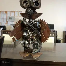 Rzeźba sowy wykonana ze spawanych, metalowych części samochodowych i narzędzi, umieszczona na drewnianym stole w jasnym pomieszczeniu.