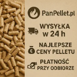 Pellet drzewny marki PanPellet.pl z informacją o wysyłce w 24h, najlepszych cenach i płatności przy odbiorze. Układ pionowy, brązowa kolorystyka.