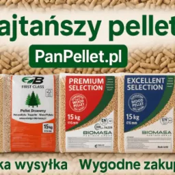 Różne marki pelletu drzewnego w 15kg workach, z napisem 'Najtańszy pellet' i logo PanPellet.pl, prezentowane na tle rozsypanego pelletu.
