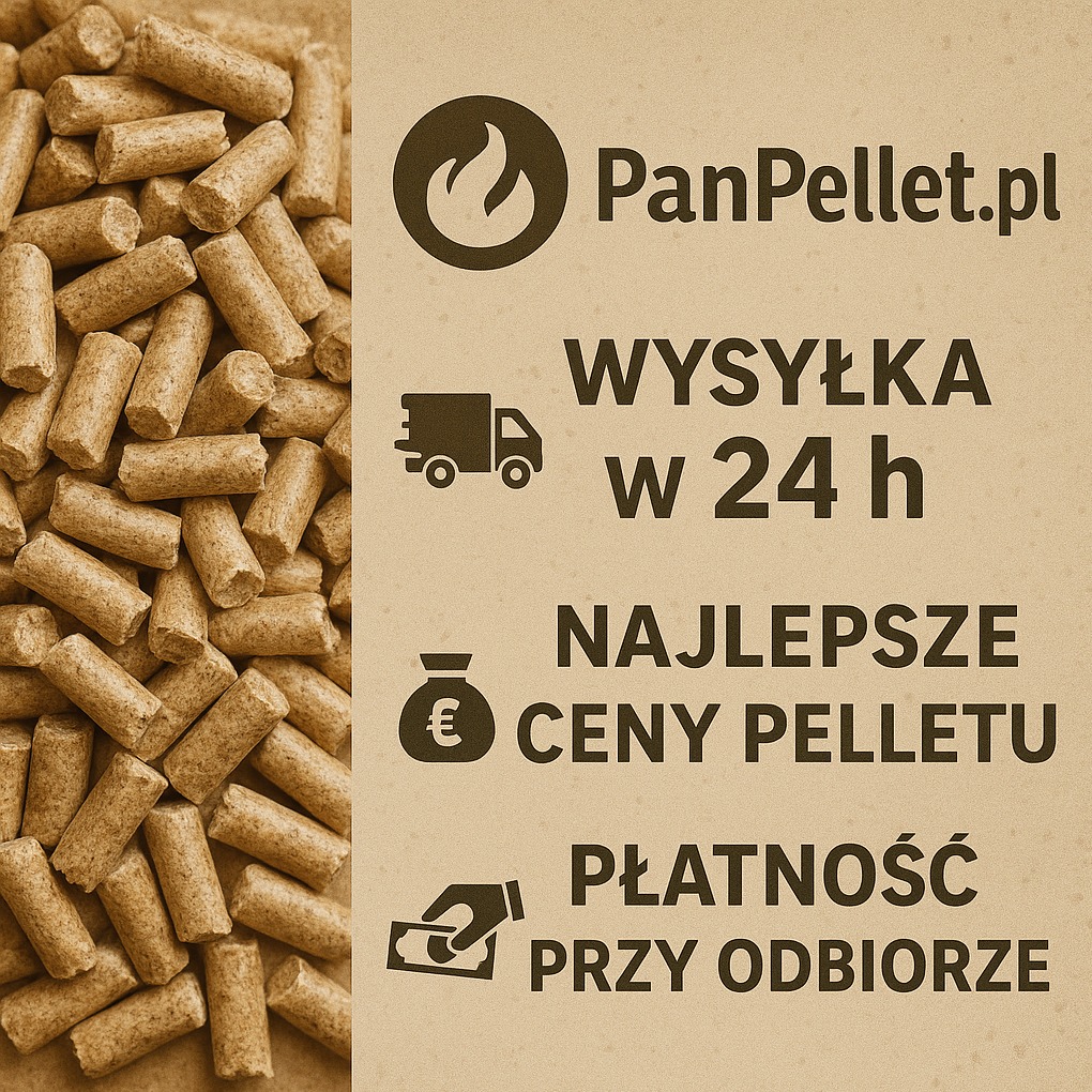 Pellet drzewny marki PanPellet.pl z informacją o wysyłce w 24h, najlepszych cenach i płatności przy odbiorze. Układ pionowy, brązowa kolorystyka.
