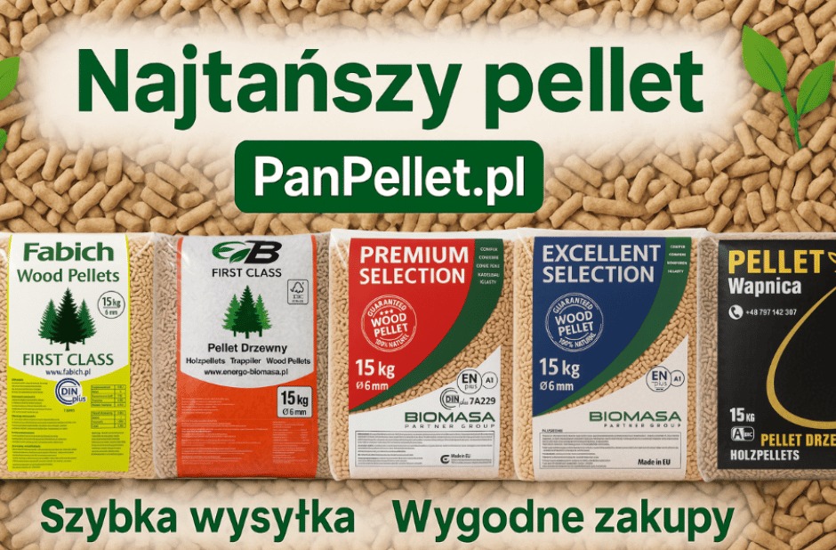 Różne marki pelletu drzewnego w 15kg workach, z napisem 'Najtańszy pellet' i logo PanPellet.pl, prezentowane na tle rozsypanego pelletu.