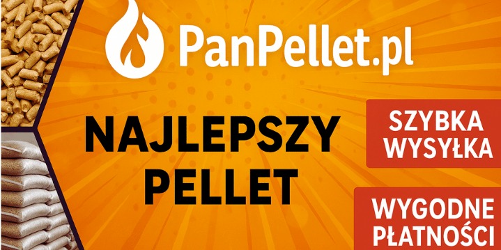 Grafika reklamowa: pellet, logo PanPellet.pl, hasło 'Najlepszy Pellet', szybka wysyłka, wygodne płatności. Pomarańczowe tło z grafiką pelletu i worków.