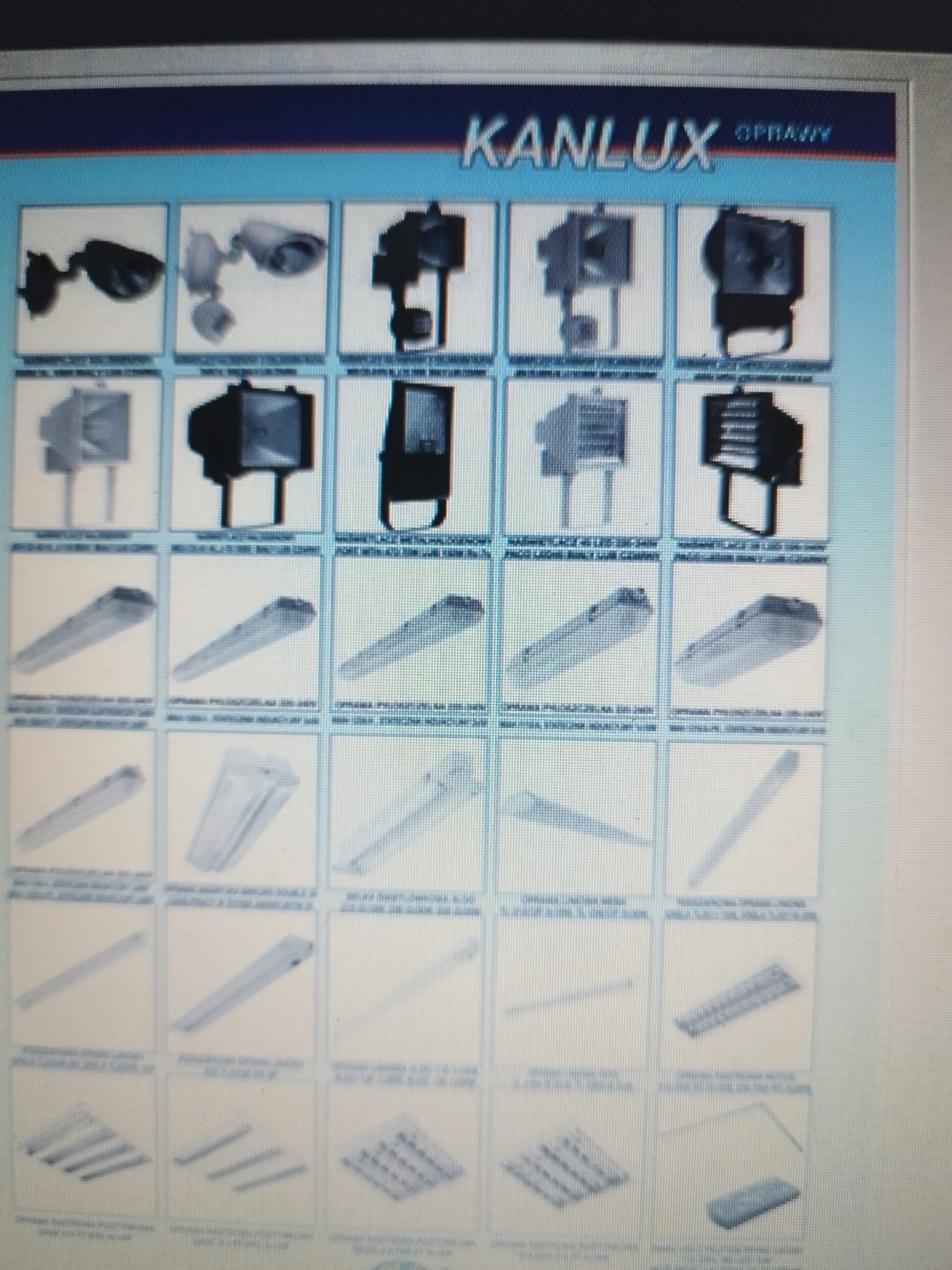 Katalog opraw oświetleniowych Kanlux, prezentujący różne modele lamp halogenowych, LED i przemysłowych, w układzie siatki z podpisami technicznymi.