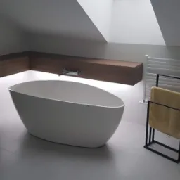 Nowoczesna łazienka na poddaszu z wolnostojącą białą wanną, drewnianą zabudową z podświetleniem LED i czarnym wieszakiem na ręczniki