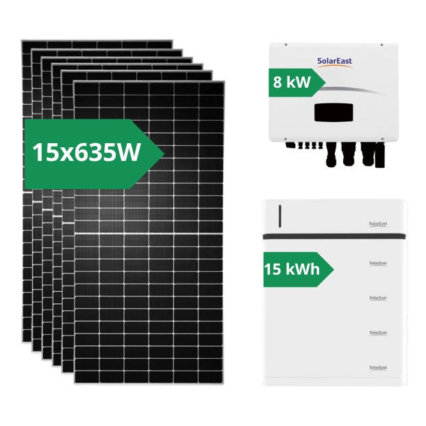 Zestaw do instalacji słonecznej: 15 paneli fotowoltaicznych o mocy 635W każdy, inwerter 8kW oraz bateria 15kWh marki SolarEast, na białym tle.