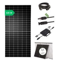 Panel słoneczny o mocy 635W na białym tle, obok złącza kablowe i schemat montażu.