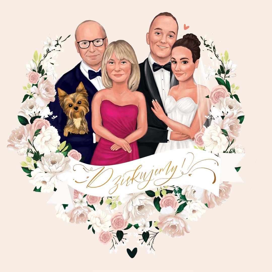Ilustracja cyfrowa przedstawiająca parę młodą i ich rodziców z psem, otoczonych kwiatami i wstążką z napisem 'Dziękujemy!', stylizowana na portret ślubny.
