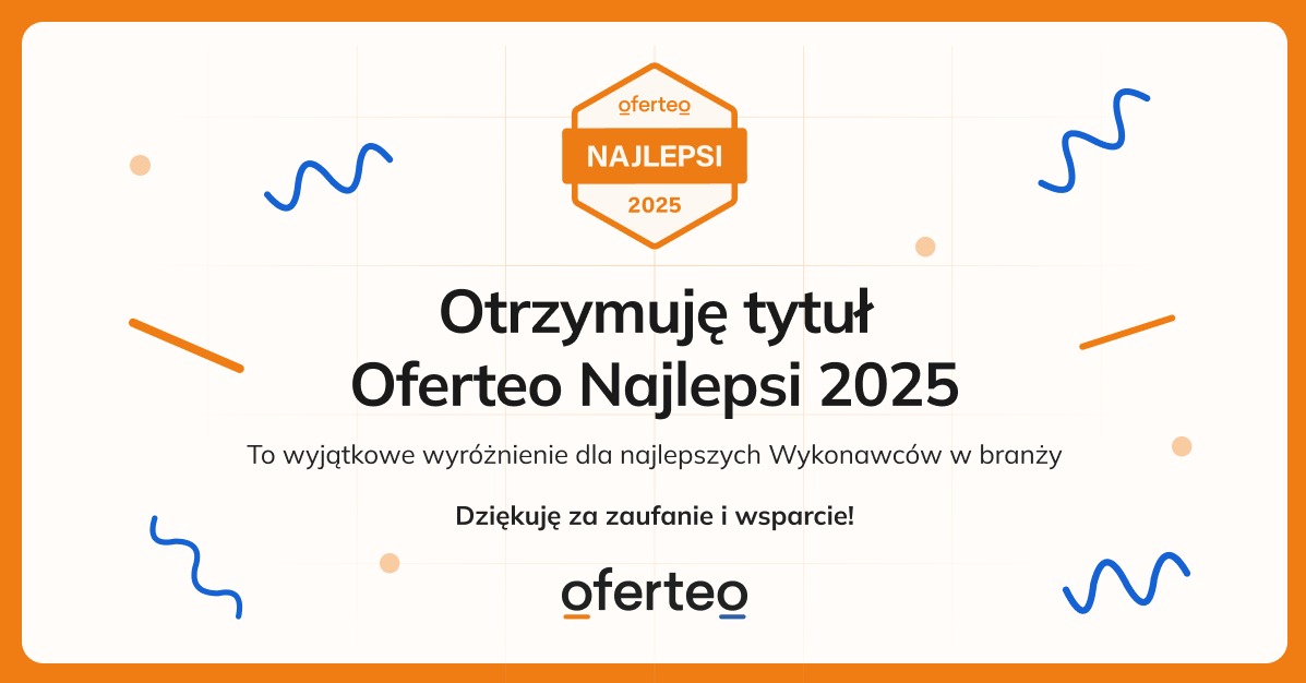 Grafika z informacją o otrzymaniu tytułu Oferteo Najlepsi 2025, wyróżnienie dla wykonawców w branży, z logotypem Oferteo.