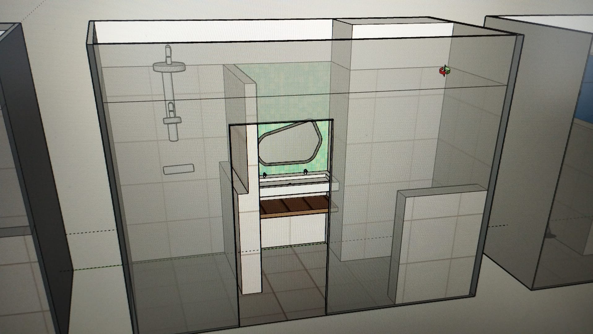 Projekt 3D łazienki z kabiną prysznicową, umywalką z szafką i lustrem. Widoczne szare płytki na ścianach i elementy wyposażenia. Wizualizacja wnętrza w jasnej kolorystyce.