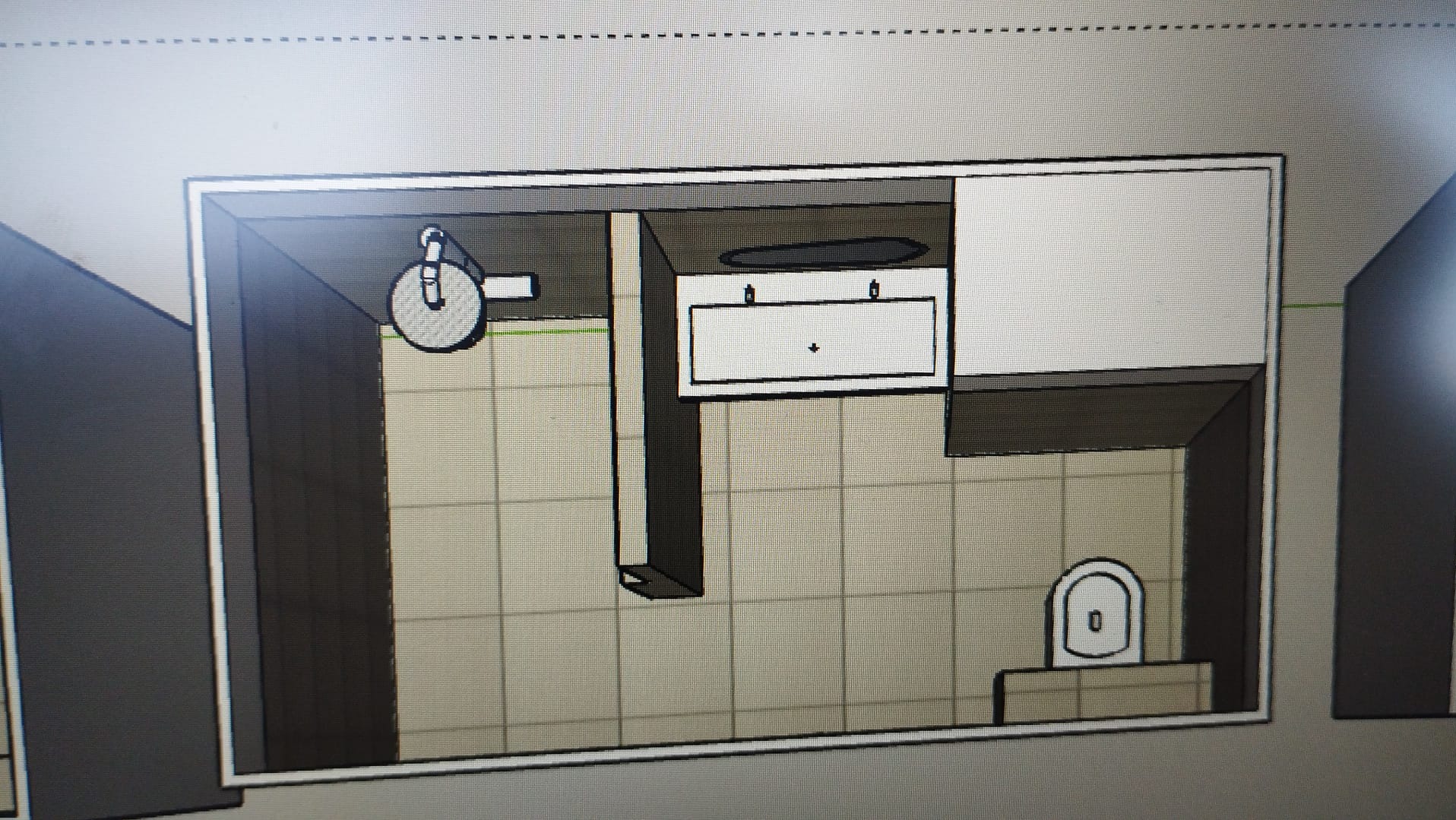 Schemat łazienki z umywalką, toaletą i prysznicem, widok z góry. Projekt wizualizacji wnętrza z użyciem programu graficznego.