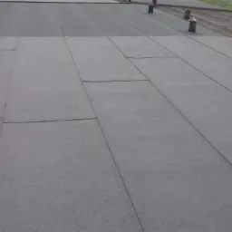 Płaski dach pokryty papą termozgrzewalną, widoczne łączenia i kominki wentylacyjne, zieleń w tle.