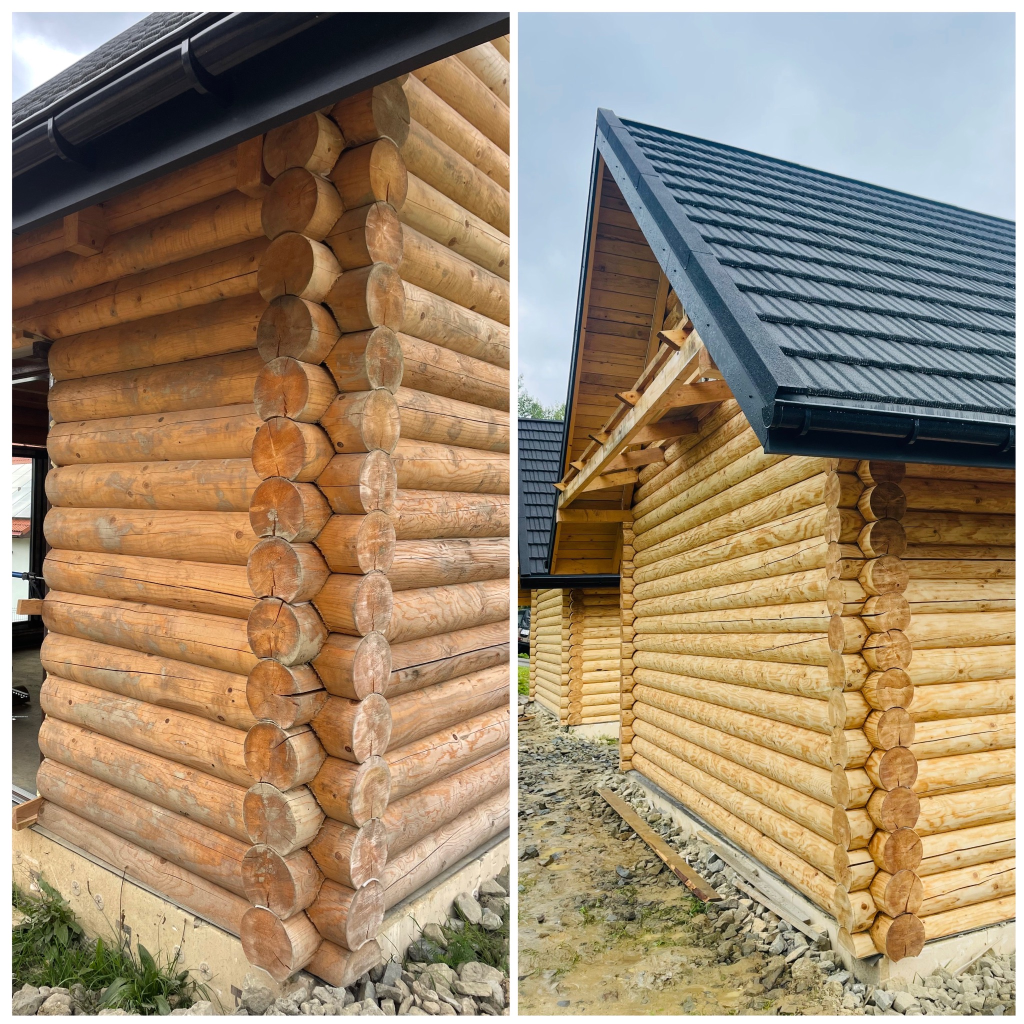 Fragment nowo wybudowanego domu z bali, widoczny fragment dachu z czarnej blachy, surowe drewno i kamienny fundament.