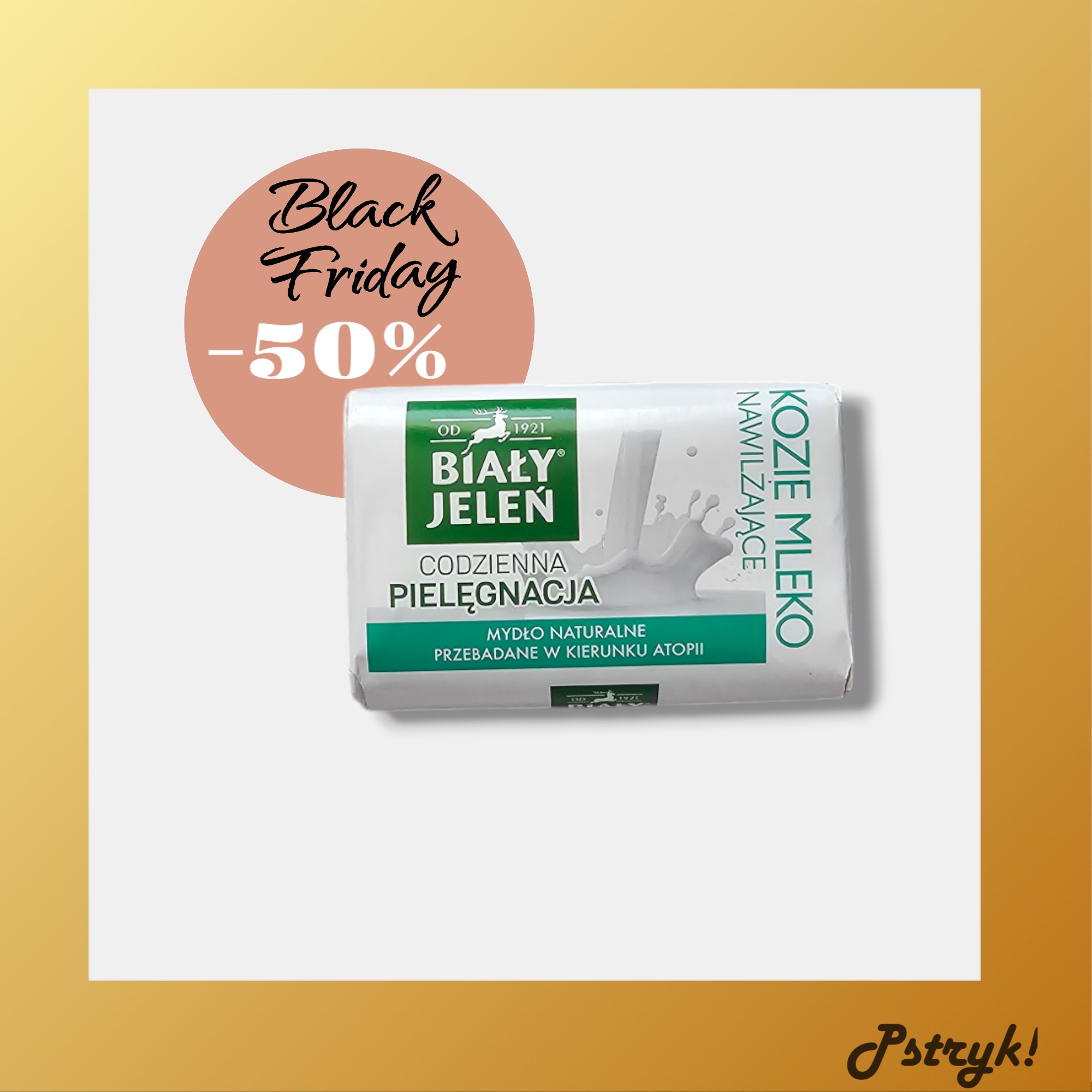 Reklama mydła Biały Jeleń z kozim mlekiem, z okazji Black Friday, oferująca 50% zniżki, na białym tle z żółtą ramką.