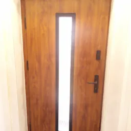 Brązowe drzwi wejściowe z pionowym przeszkleniem w czarnej ramie, widoczne zawiasy i klamka, osadzone w białej futrynie.