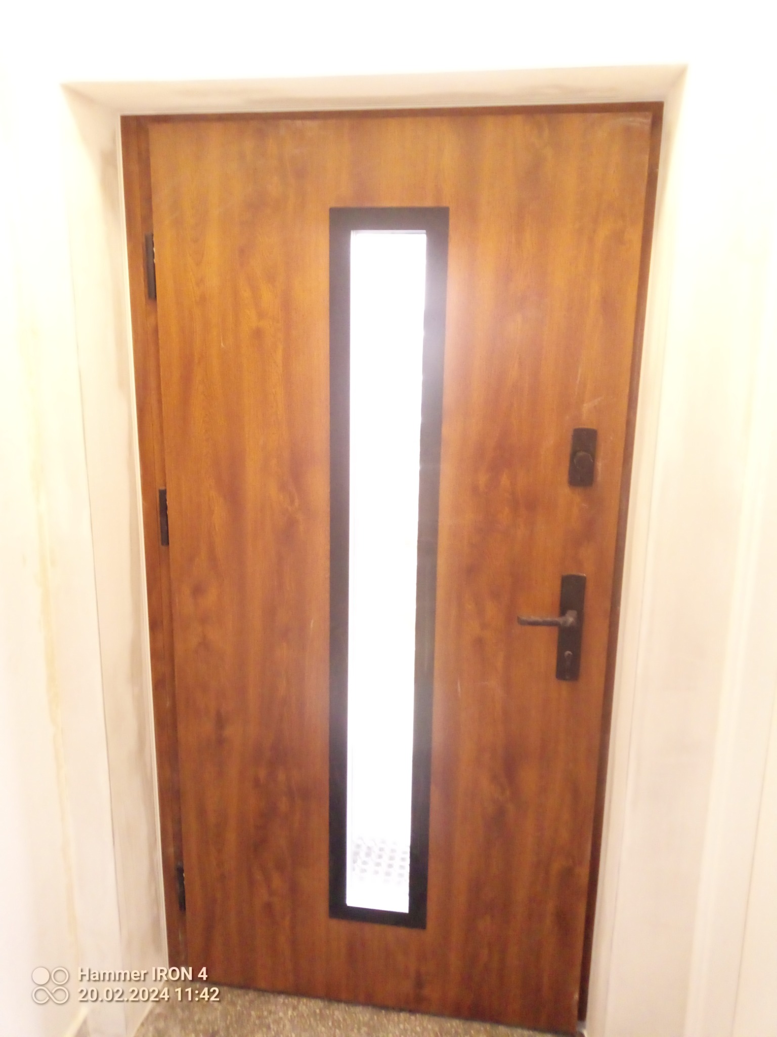 Brązowe drzwi wejściowe z pionowym przeszkleniem w czarnej ramie, widoczne zawiasy i klamka, osadzone w białej futrynie.