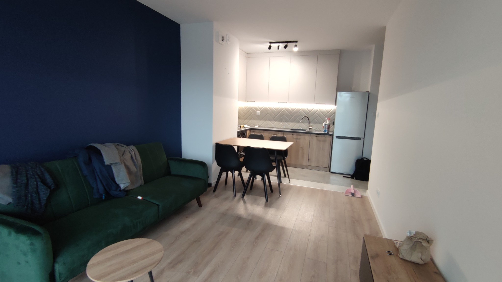 Wnętrze mieszkania: ciemnoniebieska ściana z zieloną sofą, drewniana podłoga, aneks kuchenny z białymi szafkami i lodówką, stół z czarnymi krzesłami.