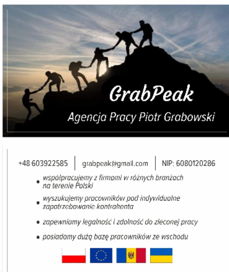 Grafika firmowa GrabPeak Agencja Pracy Piotr Grabowski przedstawia sylwetki ludzi wspinających się na szczyt góry, symbolizujące współpracę i dążenie do celu, poniżej dane kontaktowe i informacje...