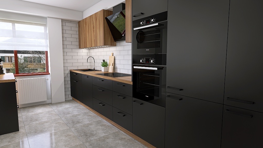 Nowoczesna kuchnia z czarnymi frontami i drewnianym blatem. Widoczne wbudowane piekarniki i płyta grzewcza. Biała cegła na ścianie dodaje kontrastu.