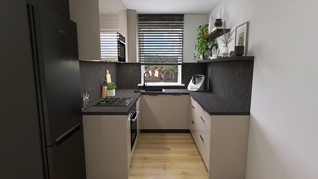 Kompaktowa kuchnia w kształcie litery U z ciemnym blatem i jasnymi frontami. Widoczne AGD, okno z żaluzjami i dekoracje na półce. Minimalistyczny design.