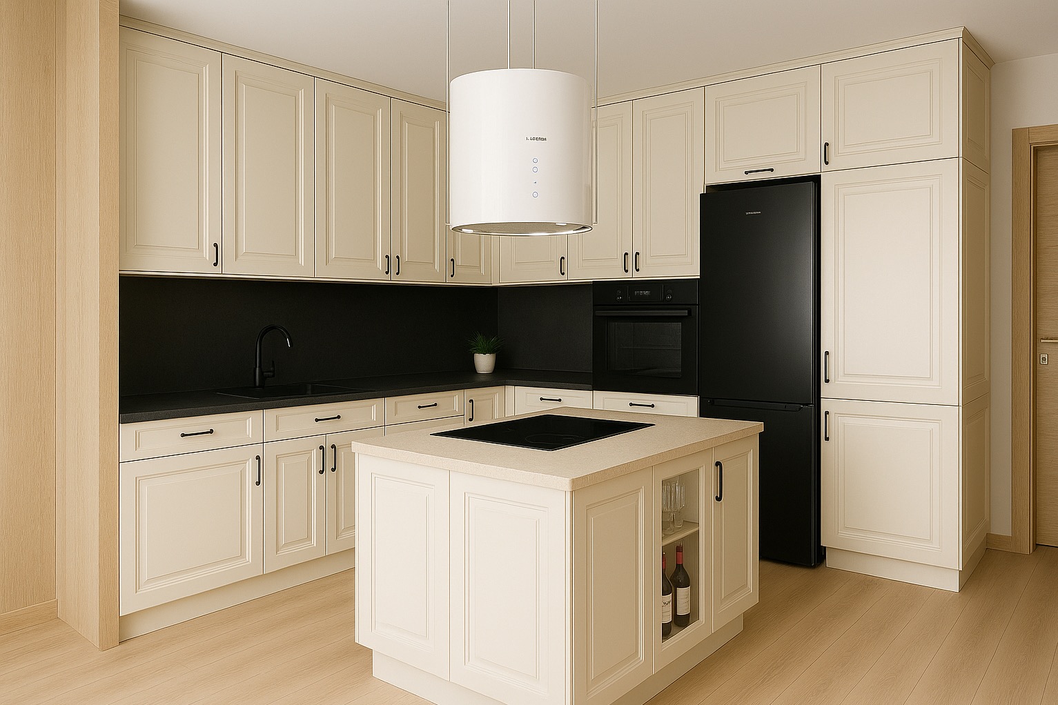 Elegancka kuchnia w kremowych odcieniach z wyspą, czarnym blatem i sprzętem AGD. Minimalistyczny okap cylindryczny. Butelki wina w przeszklonej szafce wyspy.