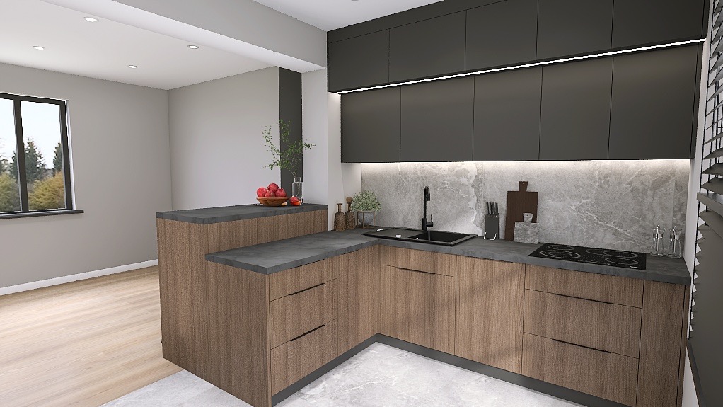 Nowoczesna kuchnia z drewnianymi frontami i czarnymi szafkami górnymi. Marmurowy backsplash i minimalistyczne oświetlenie LED. Na blacie owoce i akcesoria kuchenne.