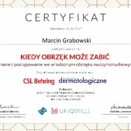 Certyfikat ukończenia kursu online 'Kiedy obrzęk może zabić' dla Marcina Grabowskiego, zorganizowanego we współpracy z CSL Behring i Wiadomości Dermatologiczne.