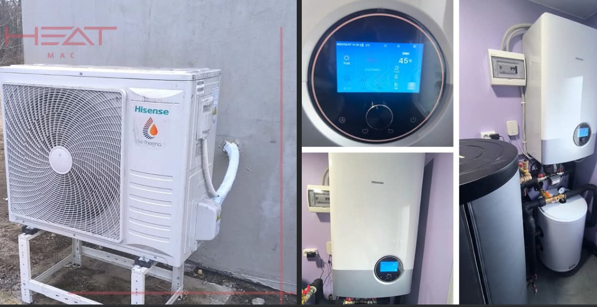 Zestawienie zdjęć: zewnętrzna jednostka klimatyzacyjna Hisense na metalowym stelażu przed surową ścianą, panel sterowania z wyświetlaną temperaturą 45 stopni Celsjusza oraz wewnętrzna jednostka...