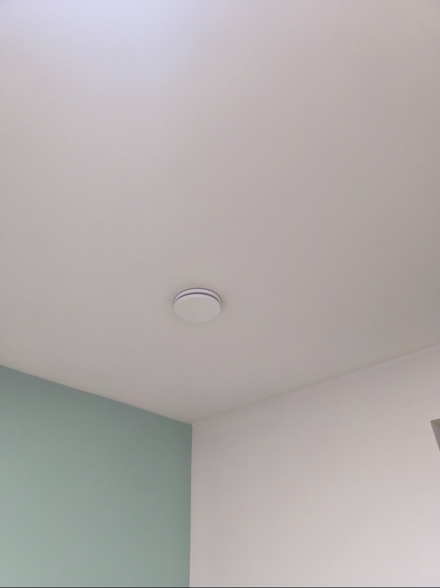 Okrągły, biały element zamontowany na białym suficie w rogu pomieszczenia z jedną ścianą pomalowaną na pastelowy, zielony kolor.