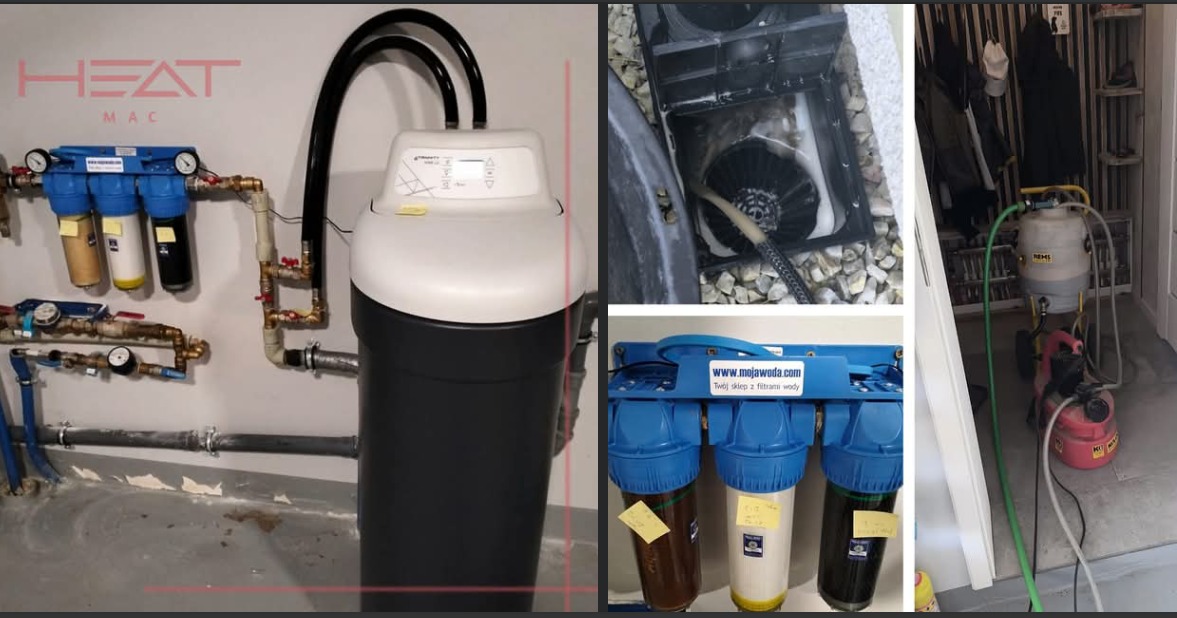 Montaż centralnego filtra wody z kilkoma wkładami filtracyjnymi, widoczne rury, manometry i instalacja hydrauliczna, dodatkowe ujęcie studni głębinowej i zbiornika hydroforowego z pompą.