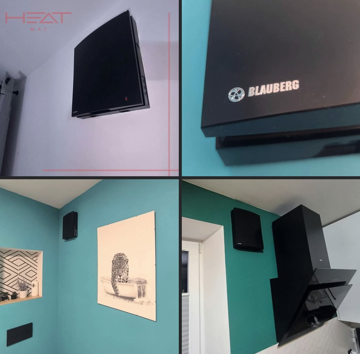 Cztery ujęcia: czarny panel grzewczy na białej ścianie, zbliżenie panelu z logo Blauerberg, panel na turkusowej ścianie obok obrazu i półki, panel na zielonej ścianie obok okapu kuchennego.
