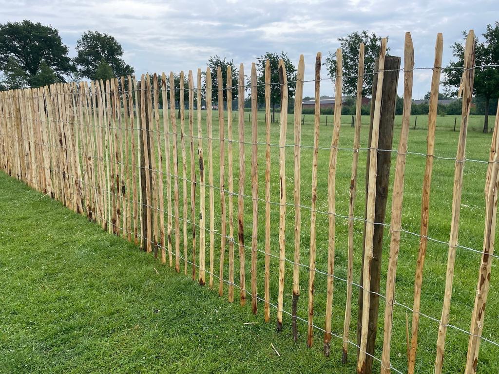 Drewniane ogrodzenie z surowych, okorowanych tyczek, połączonych drutem, na tle zielonej łąki i drzew pod pochmurnym niebem.