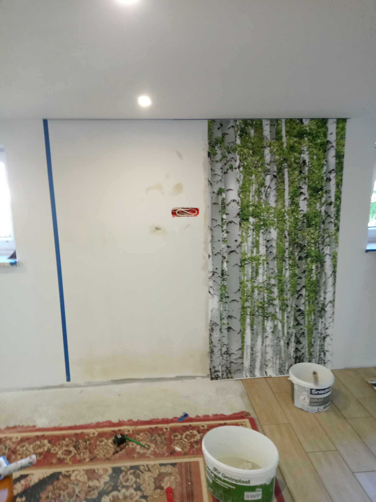Ściana w trakcie przygotowania do prac wykończeniowych: część zagruntowana i zabezpieczona taśmą malarską, część z tapetą imitującą las brzozowy, widoczne dwa wiadra z gruntem i resztki kleju...