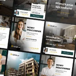 Kompozycja grafik reklamowych nieruchomości, prezentujących mieszkania na sprzedaż w Warszawie, wizerunki doradców nieruchomości oraz informacje o nowych pracownikach działu pośrednictwa...