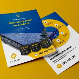 Ulotki i wizytówki firmy fotowoltaicznej FOTCAN z informacjami o darmowym prądzie ze słońca, gwarancji, dofinansowaniu i kontakcie.