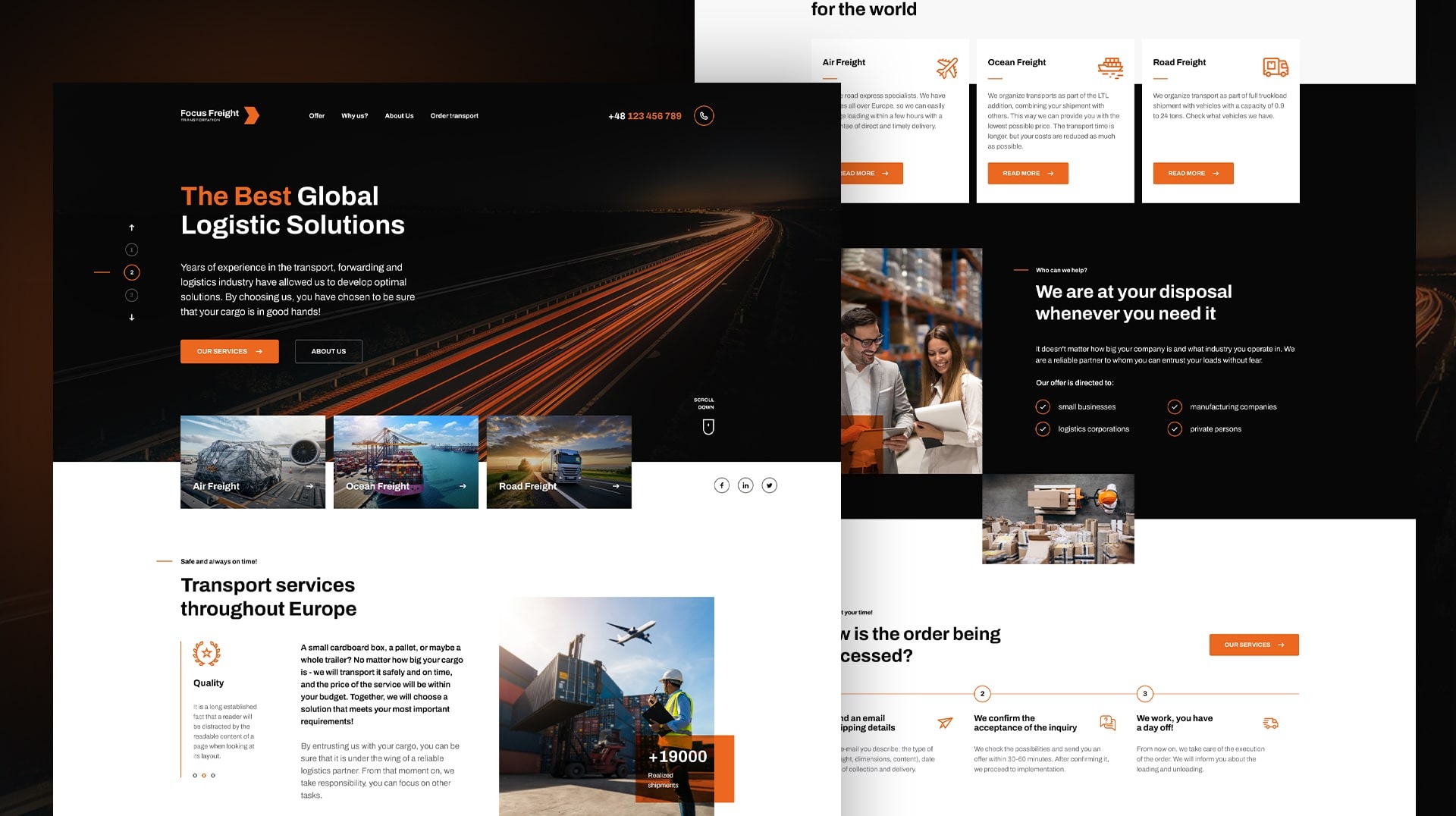 Strona internetowa firmy logistycznej prezentująca usługi transportu lotniczego, morskiego i drogowego, z dynamicznym tłem przedstawiającym rozmyte światła autostrady i zdjęciami kontenerów...