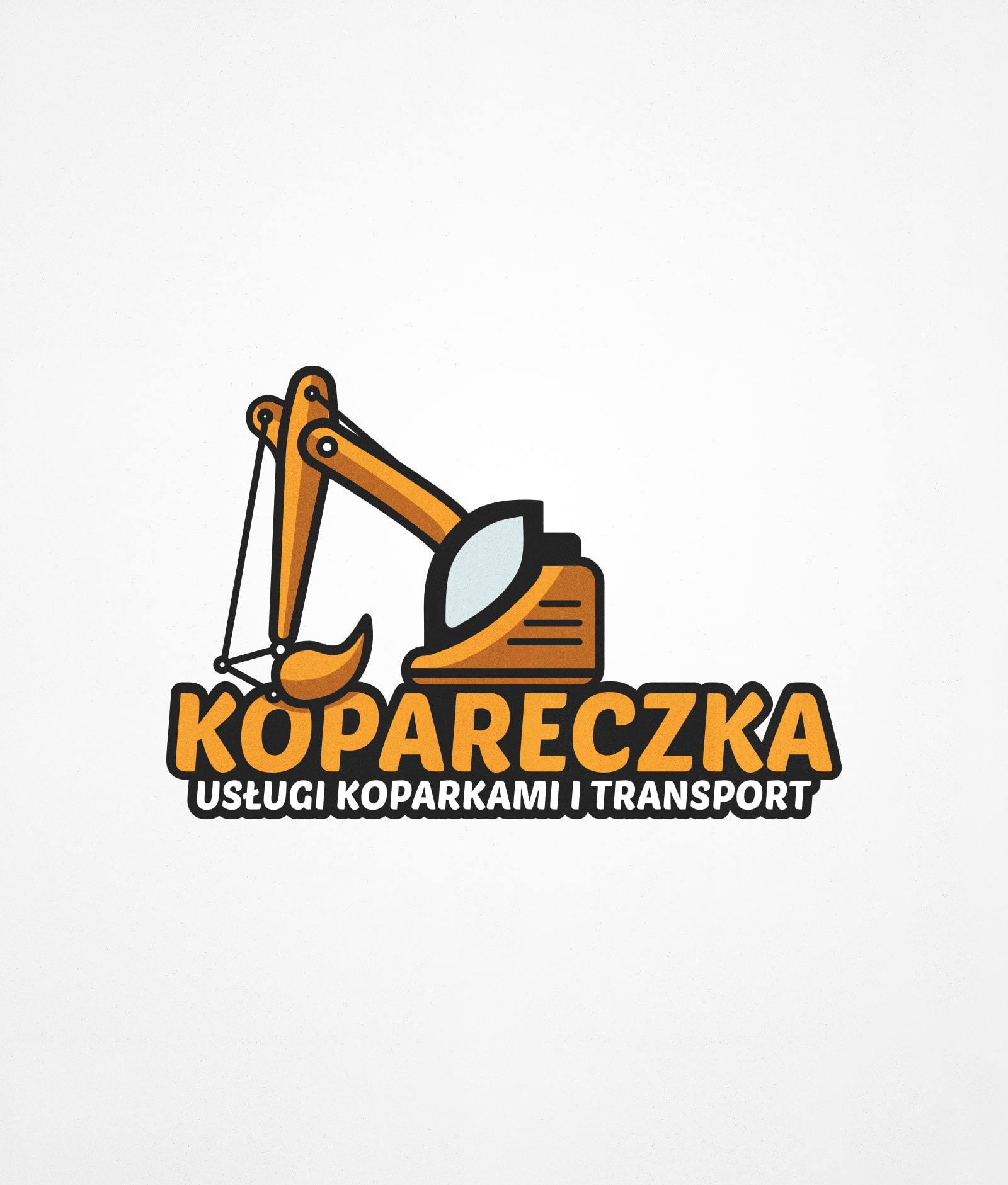 Ilustracja logo firmy świadczącej usługi koparkami i transportem, przedstawiająca stylizowaną koparkę w kolorach pomarańczowym i czarnym na białym tle.