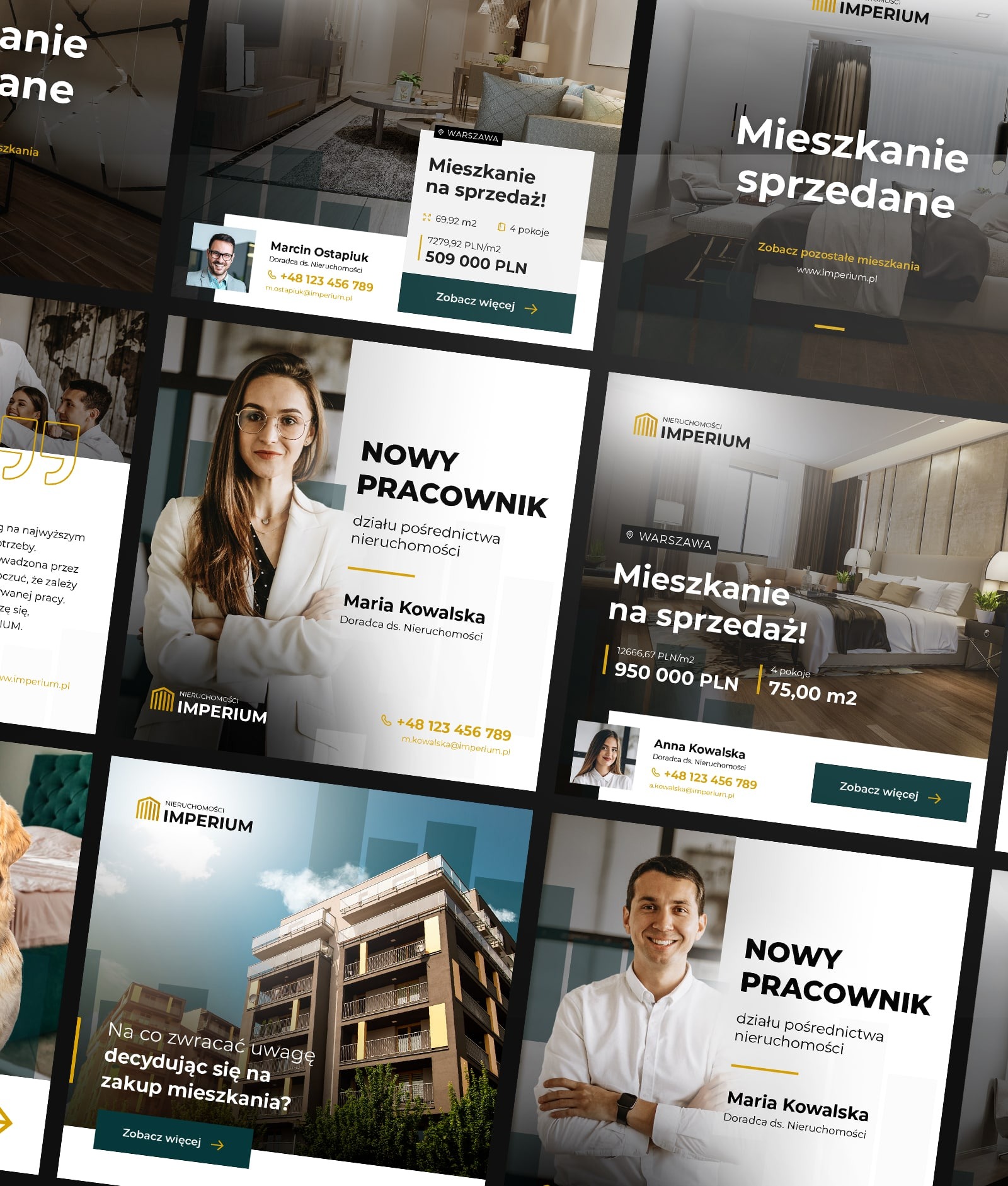Kompozycja grafik reklamowych nieruchomości, prezentujących mieszkania na sprzedaż w Warszawie, wizerunki doradców nieruchomości oraz informacje o nowych pracownikach działu pośrednictwa...