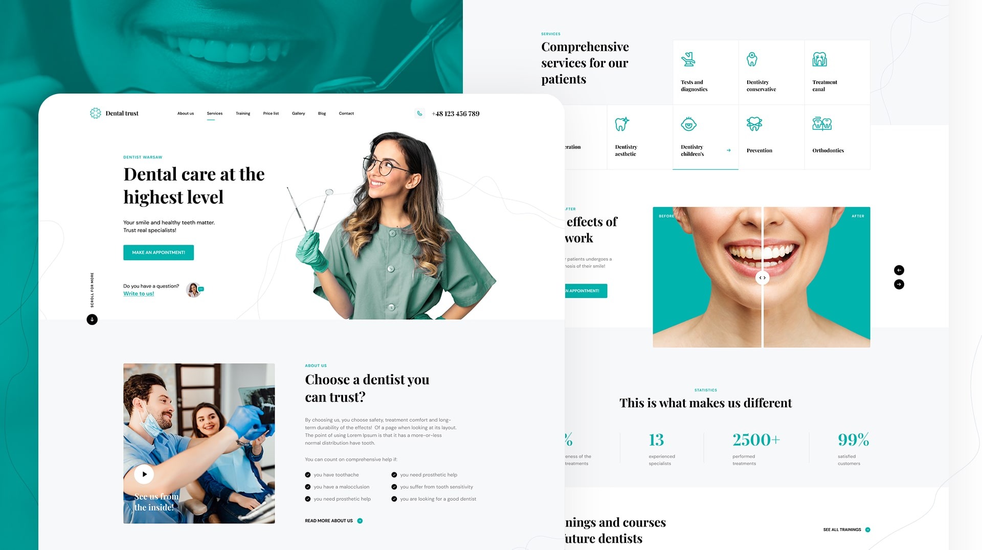 Projekt strony internetowej gabinetu stomatologicznego z uśmiechniętą dentystką w okularach i narzędziami w tle, prezentujący kompleksowe usługi dla pacjentów.