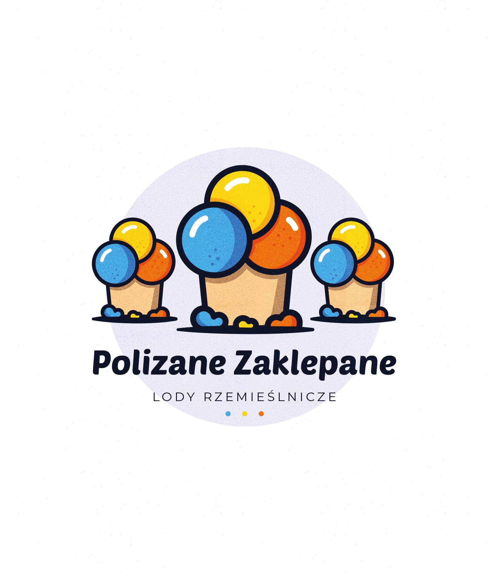 Logo lodziarni 'Polizane Zaklepane' z trzema rysunkowymi lodami w wafelkach na jasnym tle.