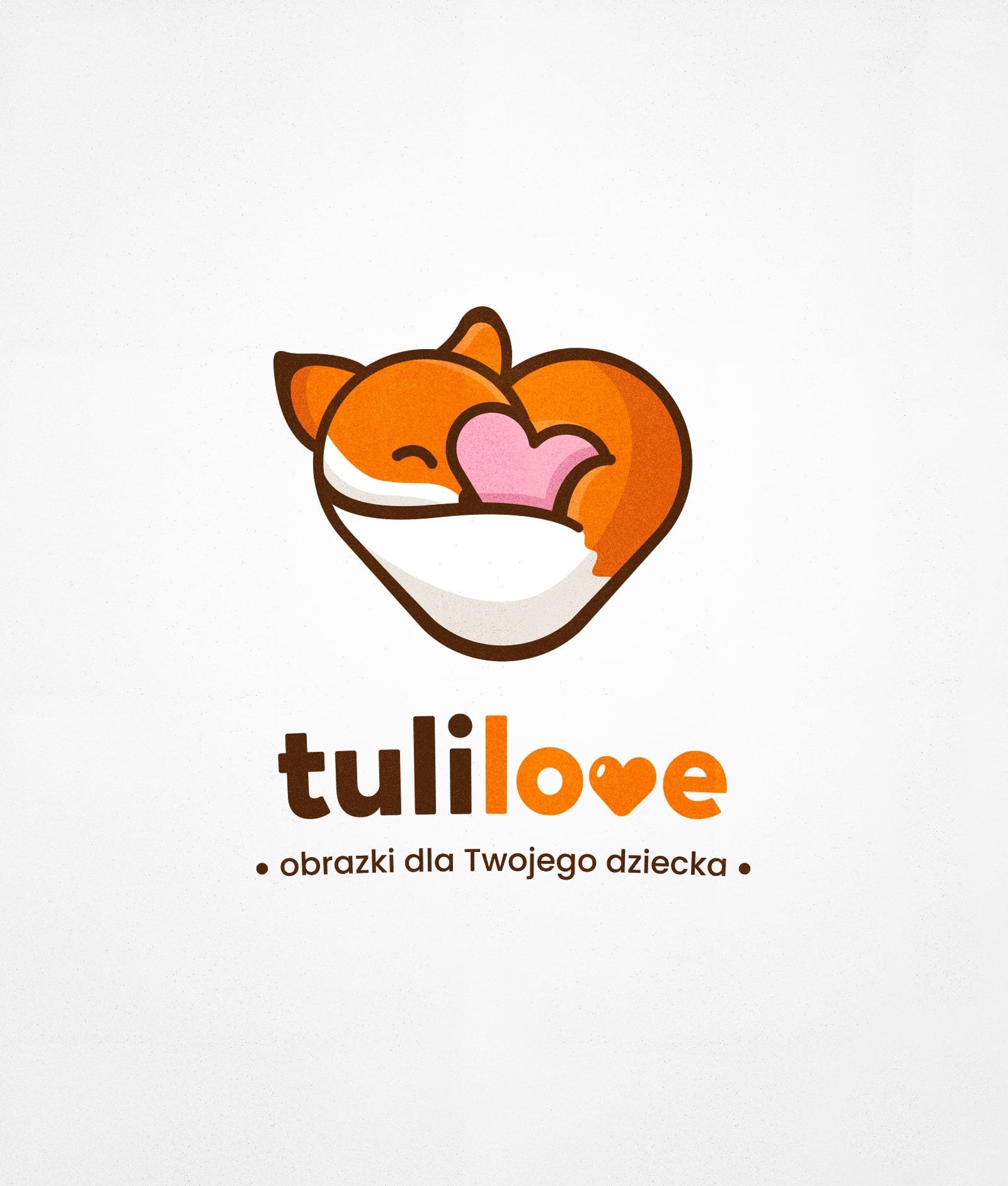 Logo 'tulilove' z motywem śpiącego liska w kształcie serca, oferujące obrazki dla dzieci, zlokalizowane w Białej Podlaskiej.