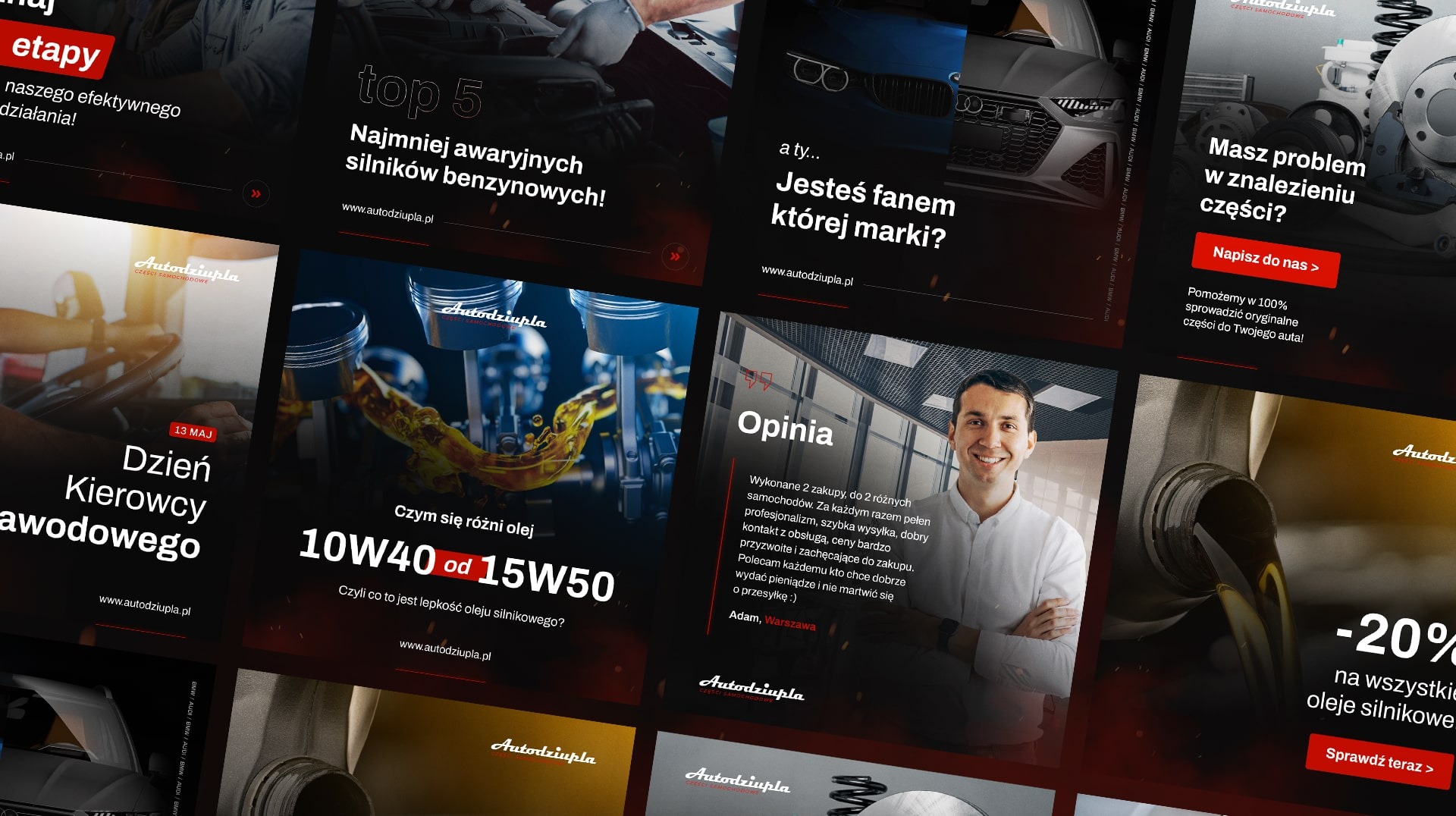 Mozaika grafik z serwisu motoryzacyjnego Autodziupla.pl, prezentująca artykuły o silnikach, olejach, opinię klienta oraz promocję na oleje silnikowe.