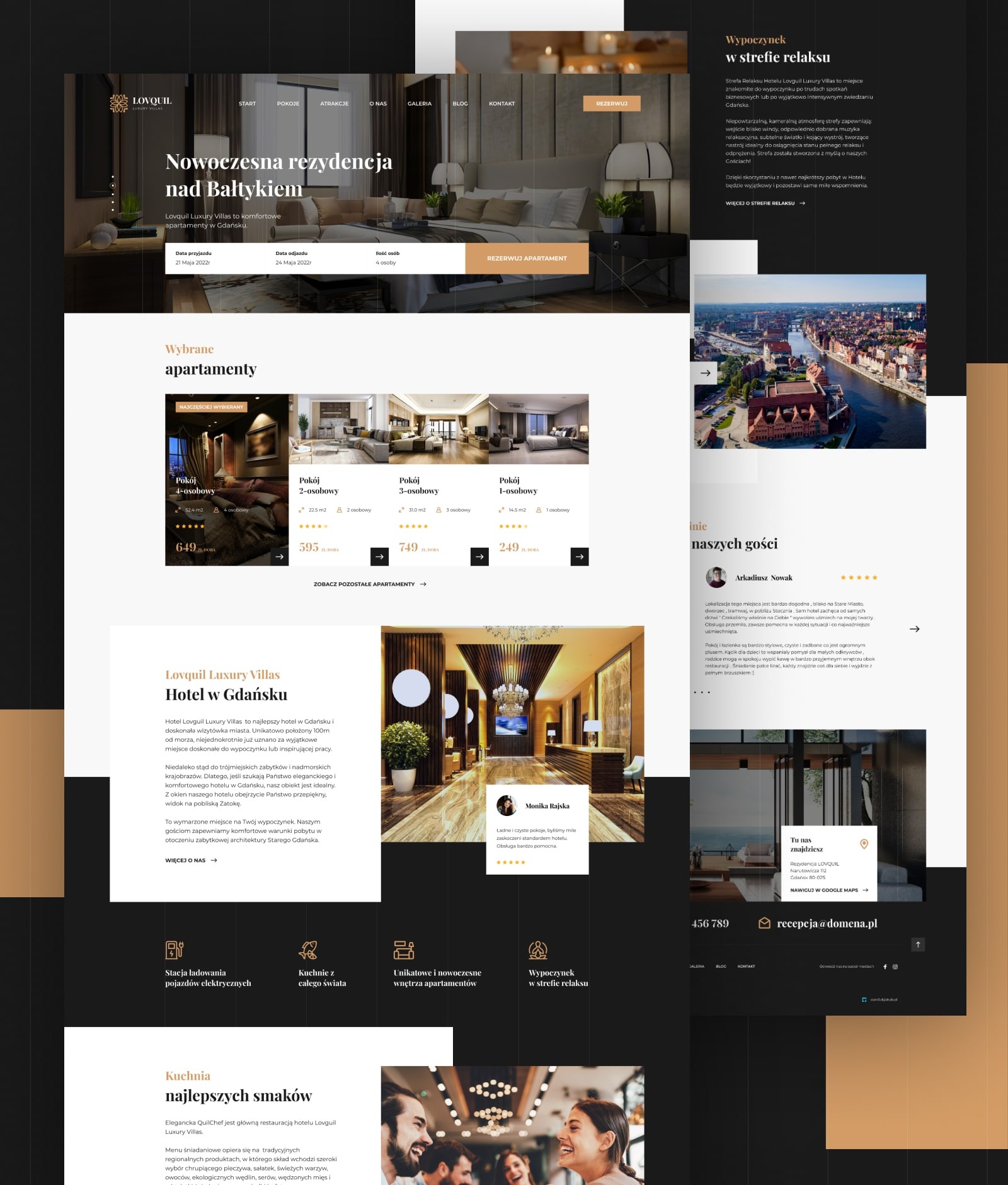 Strona internetowa luksusowego hotelu Lovquil Luxury Villas w Gdańsku, prezentująca nowoczesną rezydencję nad Bałtykiem z ofertą apartamentów, udogodnieniami i opiniami gości.