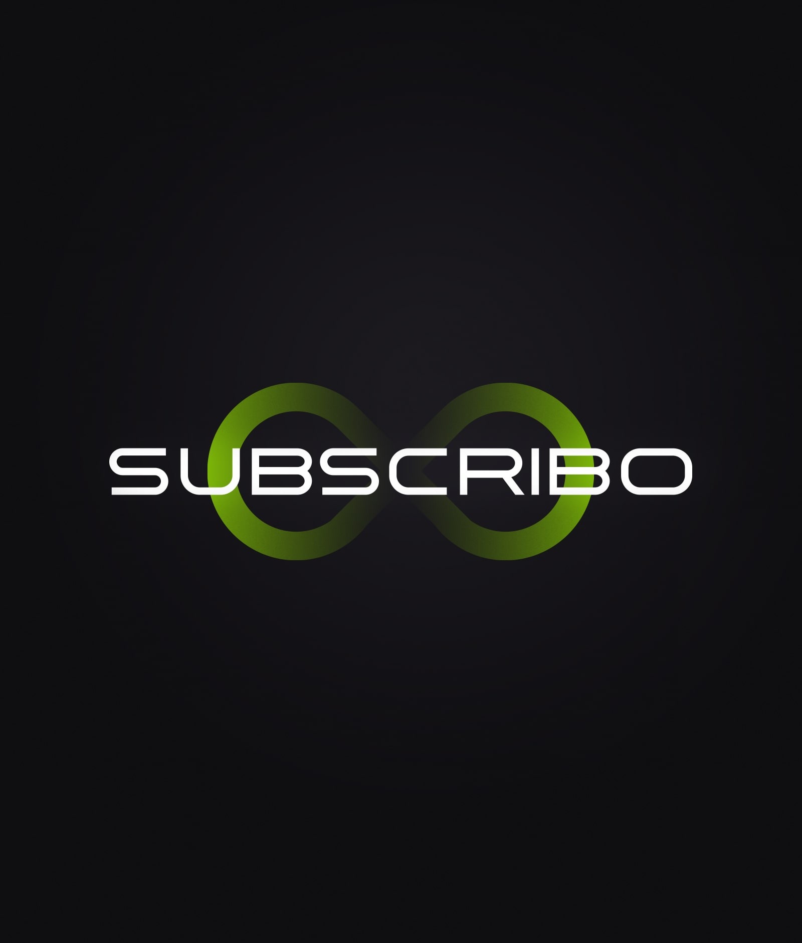 Minimalistyczne logo firmy Subscribo na czarnym tle, z białym napisem i dwoma połączonymi zielonymi okręgami tworzącymi symbol nieskończoności.