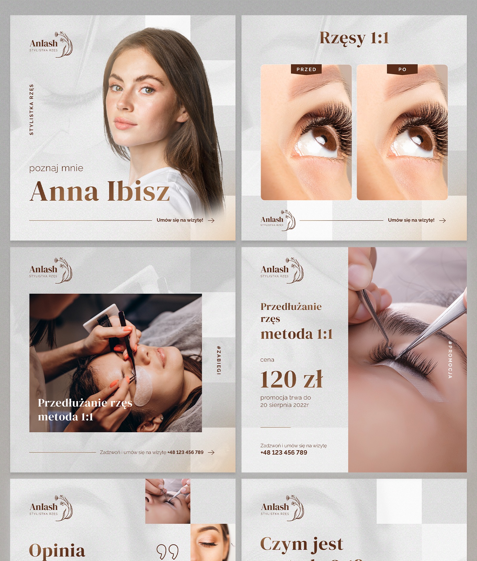 Kolaż reklamowy salonu stylizacji rzęs: portret stylistki Anna Ibisz, zbliżenia na rzęsy przed i po zabiegu, aplikacja rzęs metodą 1:1, informacje o cenie promocyjnej oraz dane kontaktowe.